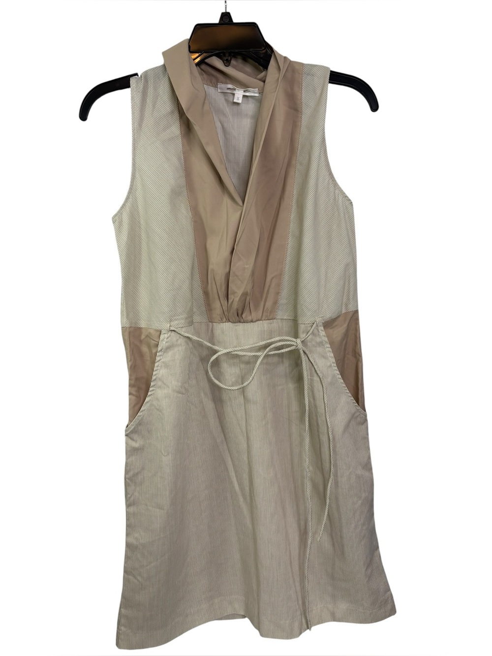 Artsy Neutral Sleeveless Tie-Waist Dress | Beige Pinstripe Minimalist Lagenlook
